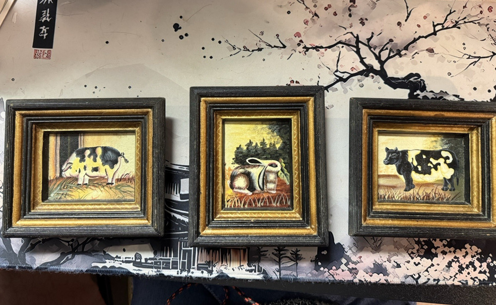 Country Farm Miniature Framed Art Set – Cow, Pig & Rabbit, Folk Art - 6" x 5"